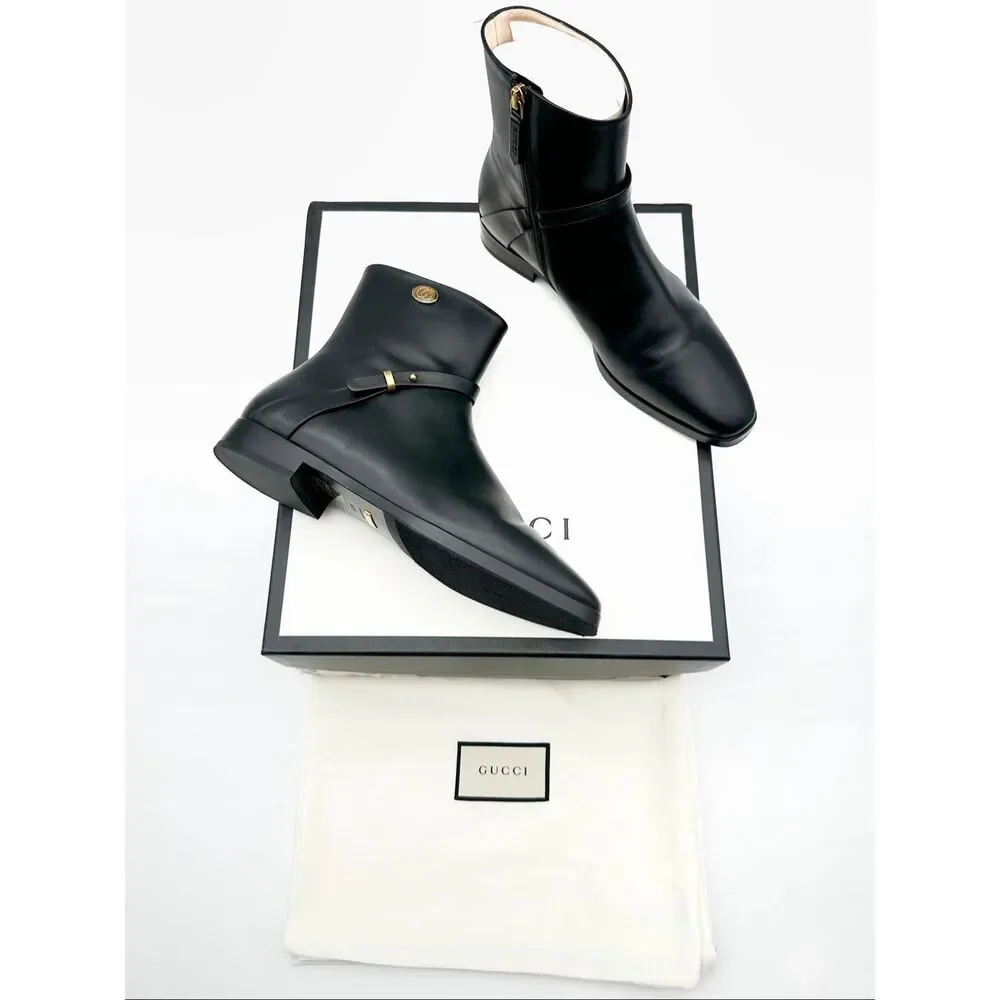 GUCCI Elite GG Ankle Boots Size 38.5 US 8.5 Black Leather Harness Low Heel Calf